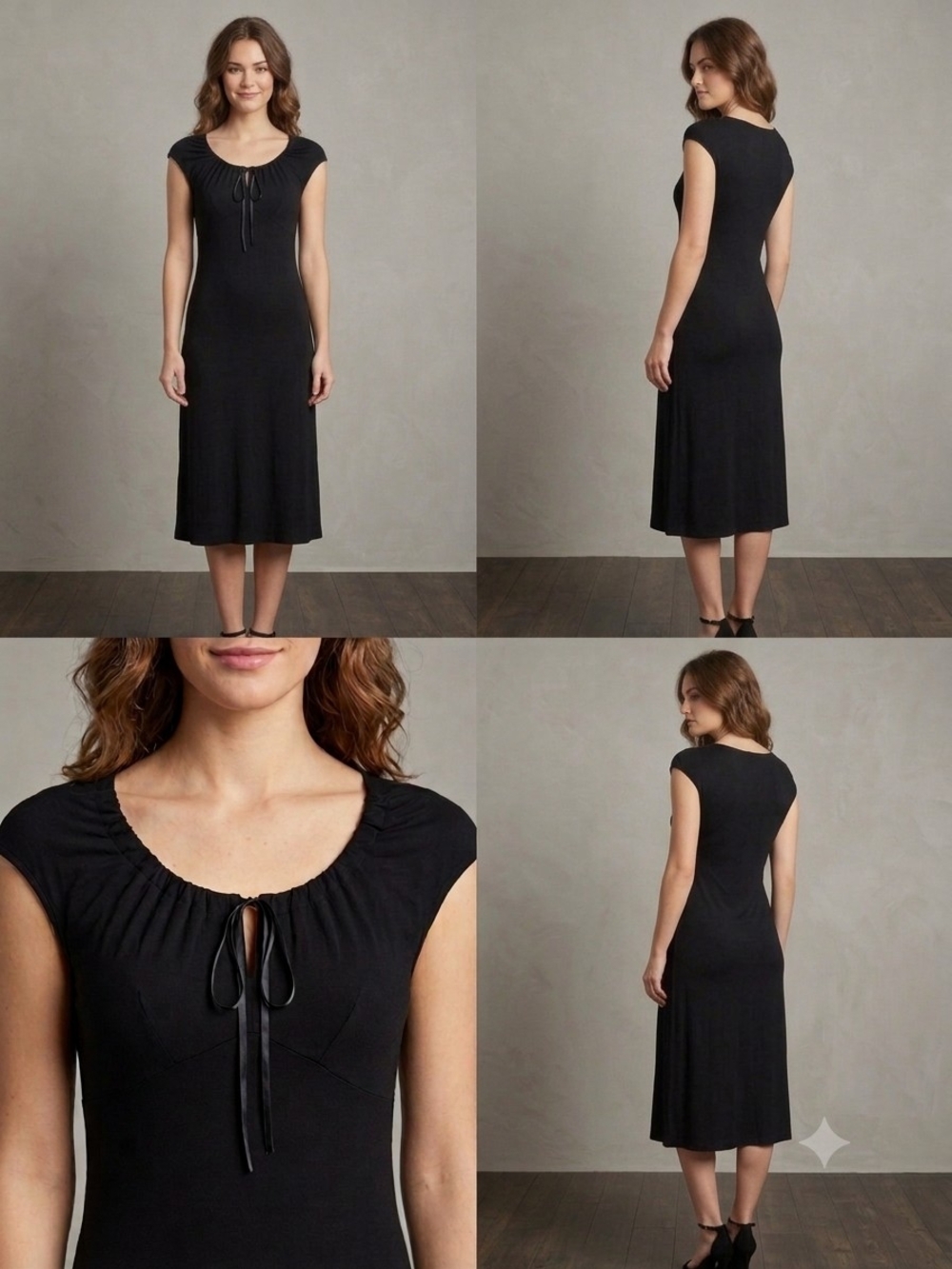 Expressions Black Cap-Sleeve Midi Dress with Tie Neck